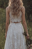 Ivory Lace A Line 2-piece Ruffled Boho Wedding Dress