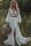 Lace Ivory 2 Piece V-Neck A Line Long Sleeves Boho Wedding Dress with Ruffle Slit