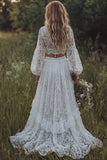 Lace Ivory 2 Piece V-Neck A Line Long Sleeves Boho Wedding Dress with Ruffle Slit