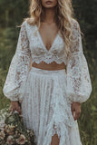 Lace Ivory 2 Piece V-Neck A Line Long Sleeves Boho Wedding Dress with Ruffle Slit