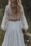 Lace Ivory 2 Piece V-Neck A Line Long Sleeves Boho Wedding Dress with Ruffle Slit