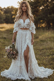 Off The Shoulder Lace Ivory A Line Ruffled 2 Piece Boho Wedding Dress with Slit