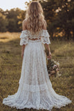 Off The Shoulder Lace Ivory A Line Ruffled 2 Piece Boho Wedding Dress with Slit