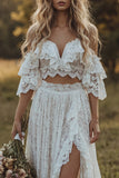 Off The Shoulder Lace Ivory A Line Ruffled 2 Piece Boho Wedding Dress with Slit