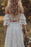 Off The Shoulder Lace Ivory A Line Ruffled 2 Piece Boho Wedding Dress with Slit