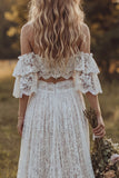 Off The Shoulder Lace Ivory A Line Ruffled 2 Piece Boho Wedding Dress with Slit