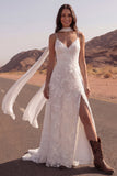 Ivory  A Line Spaghetti Straps Side Slit Boho Wedding Dress with a Neck Scarf