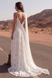 Ivory  A Line Spaghetti Straps Side Slit Boho Wedding Dress with a Neck Scarf