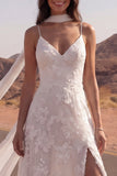 Ivory  A Line Spaghetti Straps Side Slit Boho Wedding Dress with a Neck Scarf