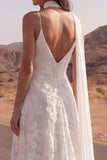Ivory  A Line Spaghetti Straps Side Slit Boho Wedding Dress with a Neck Scarf