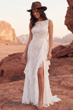 Lace Ivory Mermaid Boat Neck Ruffled Boho Wedding Dress with Slit