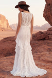 Lace Ivory Mermaid Boat Neck Ruffled Boho Wedding Dress with Slit