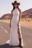 Ivory Mermaid High Neck Lace Long Boho Wedding Dress with Slit