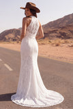 Ivory Mermaid High Neck Lace Long Boho Wedding Dress with Slit