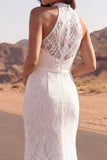 Ivory Mermaid High Neck Lace Long Boho Wedding Dress with Slit