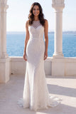 Ivory Mermaid Illusion Neck Long Lace Wedding Dress