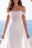 Off The Shoulder Mermaid Ivory Wedding Dress with Streamer