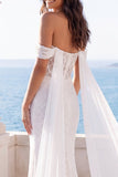Off The Shoulder Mermaid Ivory Wedding Dress with Streamer