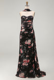 Black Mermaid Sweetheart Side Slit  Long Floral Dress with a Neck Scarf