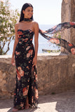Black Mermaid Sweetheart Side Slit  Long Floral Dress with a Neck Scarf