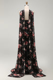 Black Mermaid Sweetheart Side Slit  Long Floral Dress with a Neck Scarf