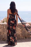 Black Mermaid Sweetheart Side Slit  Long Floral Dress with a Neck Scarf