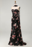 Black Mermaid Sweetheart Side Slit  Long Floral Dress with a Neck Scarf