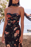 Black Mermaid Sweetheart Side Slit  Long Floral Dress with a Neck Scarf