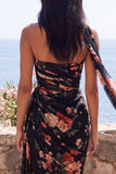 Black Mermaid Sweetheart Side Slit  Long Floral Dress with a Neck Scarf