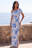 Blue Sheath Off the Shoulder Maxi Floral Dress with Slit