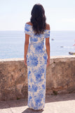 Blue Sheath Off the Shoulder Maxi Floral Dress with Slit