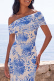 Blue Sheath Off the Shoulder Maxi Floral Dress with Slit