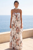 Ivory A-Line Strapless Chiffon Maxi Floral Dress with Neck Scarf