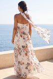 Ivory A-Line Strapless Chiffon Maxi Floral Dress with Neck Scarf