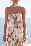 Ivory A-Line Strapless Chiffon Maxi Floral Dress with Neck Scarf