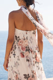 Ivory A-Line Strapless Chiffon Maxi Floral Dress with Neck Scarf