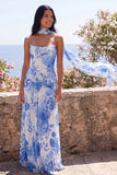 Blue A-Line Strapless Chiffon Maxi Floral Dress with a Neck Scarf
