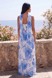 Blue A-Line Strapless Chiffon Maxi Floral Dress with a Neck Scarf
