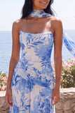 Blue A-Line Strapless Chiffon Maxi Floral Dress with a Neck Scarf