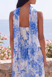 Blue A-Line Strapless Chiffon Maxi Floral Dress with a Neck Scarf