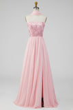 Pink Strapless A-Line Side Slit Chiffon Maxi Floral Dress with a Neck Scarf