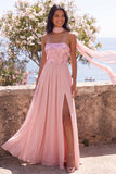 Pink Strapless A-Line Side Slit Chiffon Maxi Floral Dress with a Neck Scarf