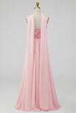 Pink Strapless A-Line Side Slit Chiffon Maxi Floral Dress with a Neck Scarf