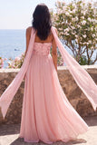 Pink Strapless A-Line Side Slit Chiffon Maxi Floral Dress with a Neck Scarf