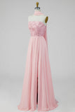Pink Strapless A-Line Side Slit Chiffon Maxi Floral Dress with a Neck Scarf