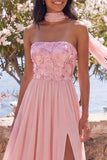 Pink Strapless A-Line Side Slit Chiffon Maxi Floral Dress with a Neck Scarf