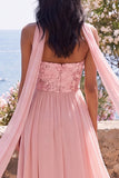 Pink Strapless A-Line Side Slit Chiffon Maxi Floral Dress with a Neck Scarf