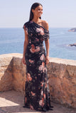 One Shoulder Black Sheath Chiffon Long Floral Dress