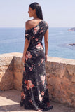 One Shoulder Black Sheath Chiffon Long Floral Dress