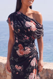 One Shoulder Black Sheath Chiffon Long Floral Dress